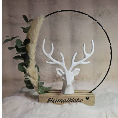 Deko-Ring Elch Scandi-Style – Skandinavische Deko aus Metall mit Holzsockel & Trockenblumen