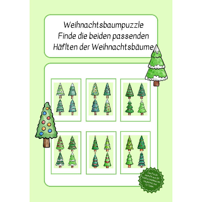 Weihnachtsbaum Puzzle, Weihnachtsbaumhälften zordnen, Paare finden