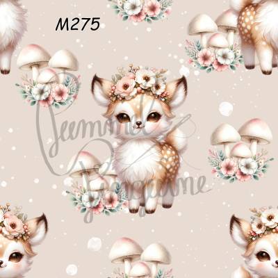 M275 PummelPinguine Exclusive Stoffe „Kinderstoff Kleines Reh süßes Waldtier mit Blumenkranz & Pilzen