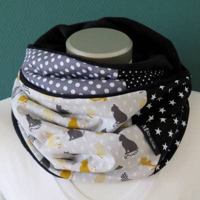 Loop Damen Schal Katzen Fleece Patchwork Loopschal Schlauchschal Kuschelschal