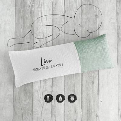 Geburtskissen mit Echtmaßen | Größe und Gewicht deines Babys | weiß/mint aus Musselin