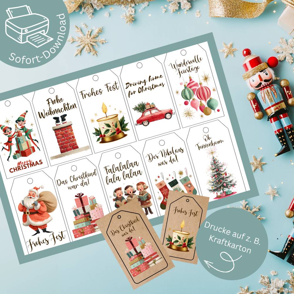 Old fashioned Xmas Geschenkanhänger zum Ausdrucken – Nostalgischer Weihnachtszauber Bild 1