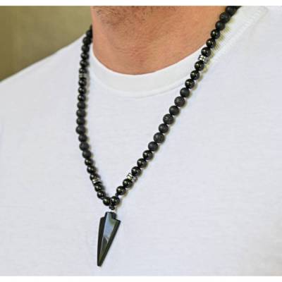 Herren Halskette aus Edelsteinen Onyx Lava Achat Hämatit, Handgemachter Schmuck, Länge 61 cm