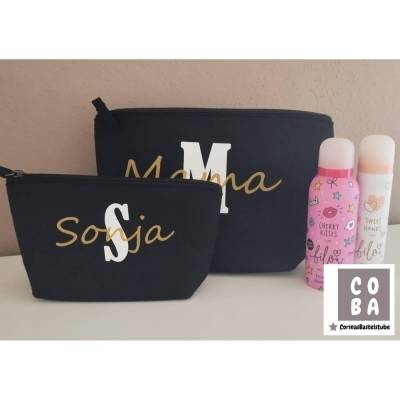 Personalisierte Kosmetiktasche aus schwarzem Filz – Make-up Tasche mit Namen Reise-Organizer Initialen in Gold oder Weiß