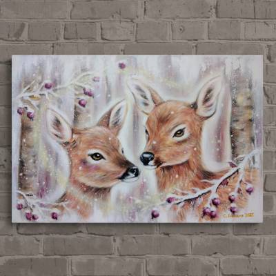 Seelenlicht – Winterliches Originalgemälde auf Leinwand mit Rehen im Shabby Chic Style