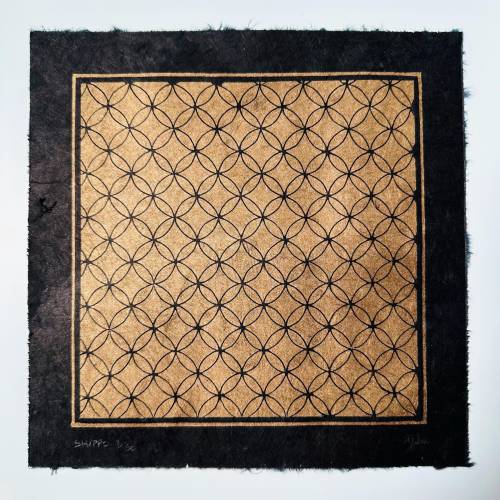 Shippo Linoldruck Gold & Schwarz – Japanisches Muster 21x21 cm | Handgemachter Kunstdruck auf Himalaya Papier