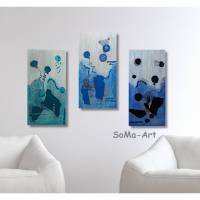Mehrteilige Acrylbilder in tollen Blautönen auf Keilrahmen, Stimmungsvolle Collage. Kunstvolle Wohnraumdekoration Bild 1