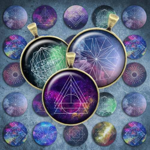 107 - Cabochon Vorlagen, 25mm 18mm 14mm 12mm, rund, Cabochon Motive, Bottle Cap images Galaxie Universum polygon modern