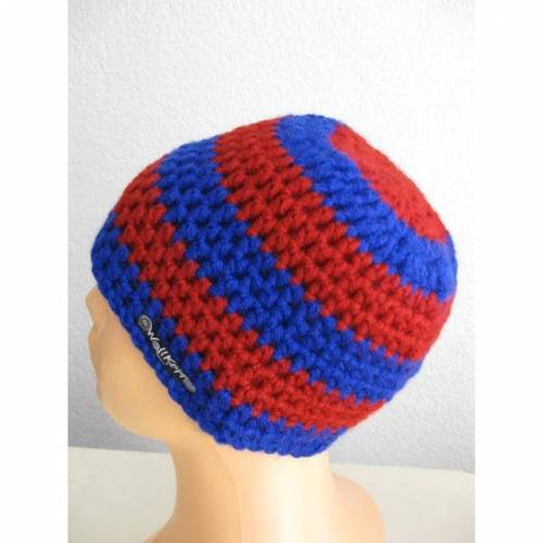 Hübsche Kinder Beanie Mütze in Blockstreifen - Blau/Rot Gr.48/51