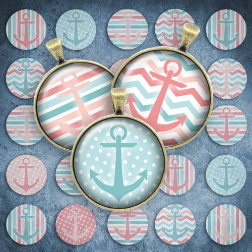 176 - Cabochon Vorlagen, 25mm 18mm 14mm 12mm, rund, Cabochon Motive, Bottle Cap images Anker maritim pastell