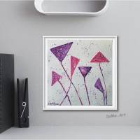 Kleines Acrylbild mit Charm, ungerahmte kleine Kunstwerke auf Künstlerpapier, Blumiges, eckiges Blumen, kleine Wandkunst, Lila Bild 1