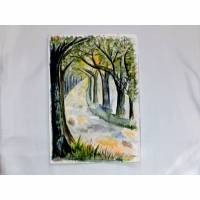 Original Aquarell Bild Sonniger Waldweg Gemälde Natur Wald Bäume Sommer Frühling Sonne Aquarellbild Wanddeko Bild 1