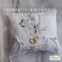 Romantik-Ringkissen mit Namen und Datum, Stickerei, Hochzeit, Ringe Bild 3