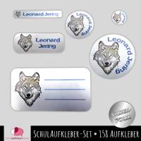 Schulaufkleber-Set - Metallicfolie | Wolf - 158 teilig, Namensaufkleber, Stifteaufkleber, Mini Dots, Heftaufkleber Bild 1