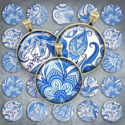 144 - Cabochon Vorlagen, 25mm 18mm 14mm 12mm, rund, Cabochon Motive, Bottle Cap images Paisly blau