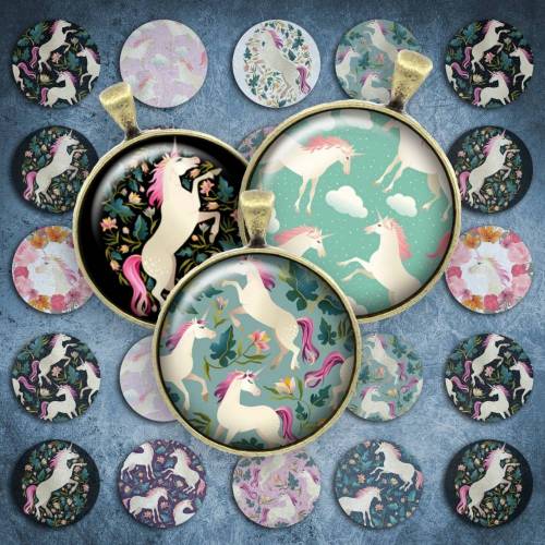 170 - Cabochon Vorlagen, 25mm 18mm 14mm 12mm, rund, Cabochon Motive, Bottle Cap images Einhorn Märchen