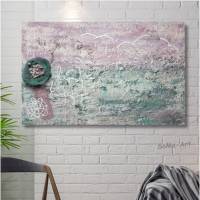 Acrylbild mit Dekoration in Grün und Altrosa auf Leinwand, Kunst, 3D und Schriftzug, Wohnraumdekoration, Wandbild Bild 1