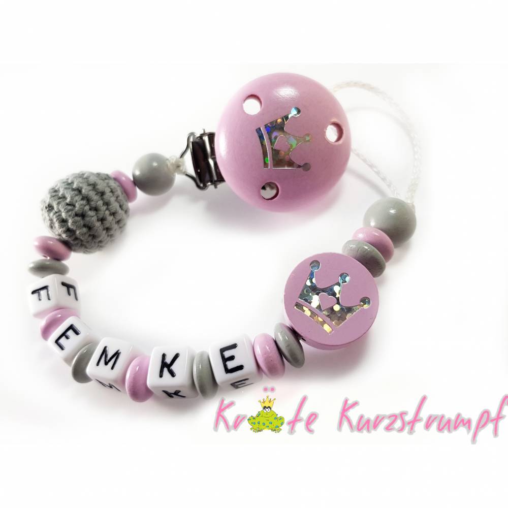 Schnullerkette mit Namen ★ miniBoss ★ Mädchen Babygeschenk grau rosa Nuckelkette 