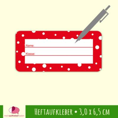 24 Heftaufkleber | Rot mit weißen Punkten - Schulaufkleber zum selbstbeschriften - 3,0 x 6,5 cm