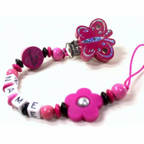 Schnullerkette mit Namen Schmetterling Blume Prinzessin Mädchen pink schwarz