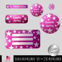 Schulaufkleber-Set - Metallicfolie | Sterne pink - 158 teilig, Namensaufkleber, Stifteaufkleber, Mini Dots, Heftaufkleber Bild 1