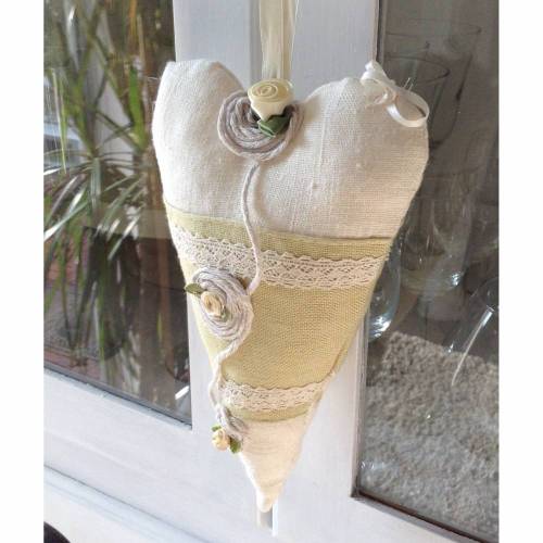 Deko Herz XL Leinen Shabby Landhausstil – Handgemachtes Herzanhänger Beige Ocker