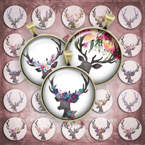 216 - Cabochon Vorlagen, 25mm 18mm 14mm 12mm, rund, Cabochon Motive, Bottle Cap images Hirsch Geweih Reh floral Blumen