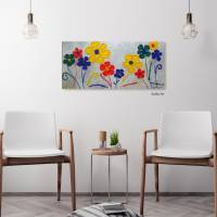 Acrylbild mit Dekosteinchen auf Leinwand, fröhliche Blumen in 4 bunten Farben, Wandbild, Wohnraumdekoration Bild 1