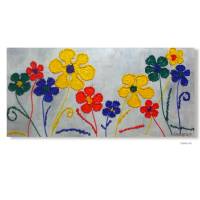 Acrylbild mit Dekosteinchen auf Leinwand, fröhliche Blumen in 4 bunten Farben, Wandbild, Wohnraumdekoration Bild 2