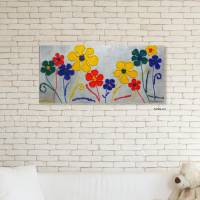Acrylbild mit Dekosteinchen auf Leinwand, fröhliche Blumen in 4 bunten Farben, Wandbild, Wohnraumdekoration Bild 3