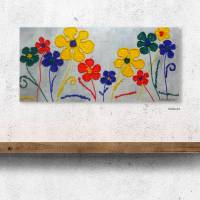 Acrylbild mit Dekosteinchen auf Leinwand, fröhliche Blumen in 4 bunten Farben, Wandbild, Wohnraumdekoration Bild 4