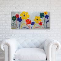 Acrylbild mit Dekosteinchen auf Leinwand, fröhliche Blumen in 4 bunten Farben, Wandbild, Wohnraumdekoration Bild 5