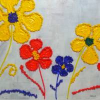 Acrylbild mit Dekosteinchen auf Leinwand, fröhliche Blumen in 4 bunten Farben, Wandbild, Wohnraumdekoration Bild 6
