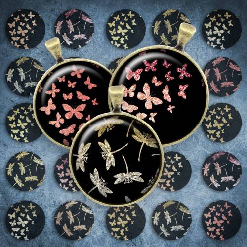 143 - Cabochon Vorlagen, 25mm 18mm 14mm 12mm, rund, Cabochon Motive, Bottle Cap images Schmetterling Libelle Glitter 