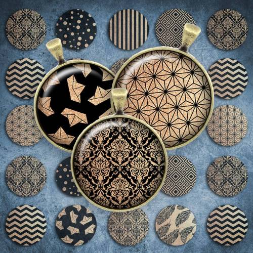 205 - Cabochon Vorlagen, 25mm 18mm 14mm 12mm, rund, Cabochon Motive, Bottle Cap images gold & schwarz damask