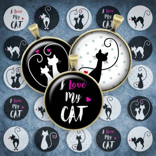 250 - Cabochon Vorlagen, 25mm 18mm 14mm 12mm, rund, Cabochon Motive, Bottle Cap images Katze Kitty I love My Cat