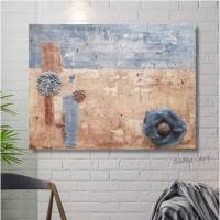 Original Acrylbild als Collage auf Leinwand, mit dekorativen Bildelementen, Blau und Beige, Wohnraumdekoration, Wandbild Bild 1
