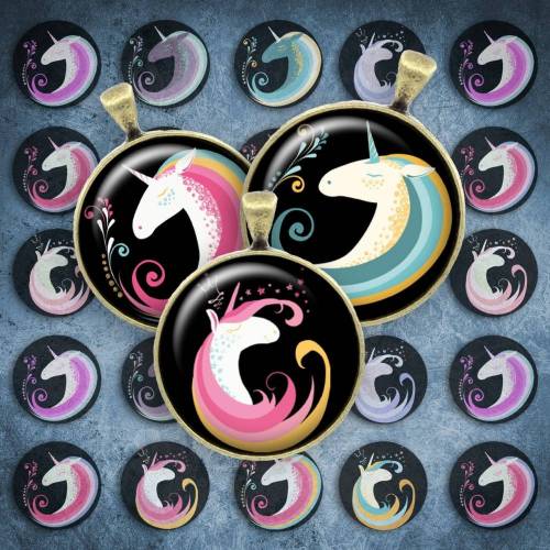 150 - Cabochon Vorlagen, 25mm 18mm 14mm 12mm, rund, Cabochon Motive, Bottle Cap images Einhorn Märchen 