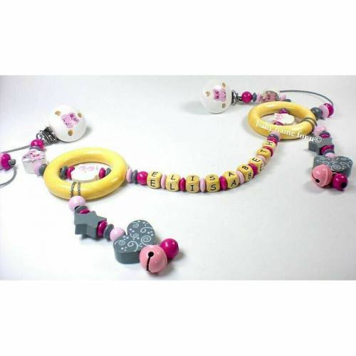 Schnullerkette mit Namen und Kinderwagenkette im Set Eule Set Baby rosa blau