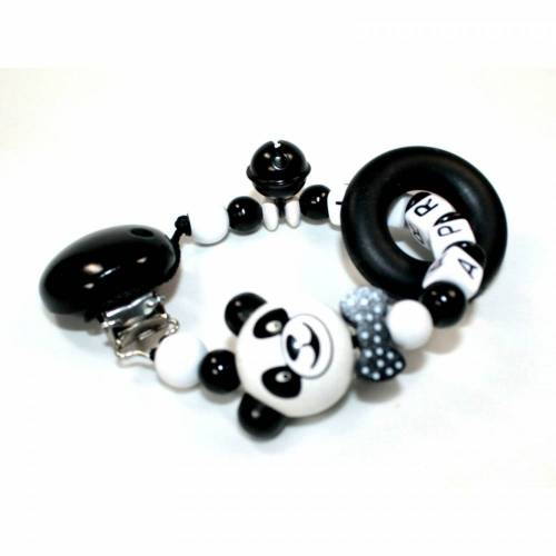 Beißkette Beißring mit Namen Schnullerkette Silikon Panda schwarz grau weiß 
