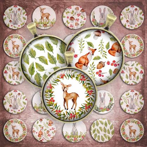 108 - Cabochon Vorlagen, 25mm 18mm 14mm 12mm, rund, Cabochon Motive, Bottle Cap images Herbst Reh Fuchs