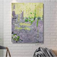Acrylbild auf Leinwand als Collage, erfrischende Maigrüne Elemente auf einem zarten Grau, Wanddekoration, Kunst Bild 1
