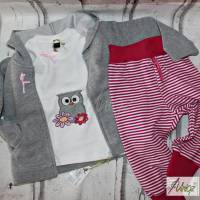 Baby-Kleidung - Hose - Shirt -Jacke - Hoody - Eulen - 3-teilig - Mädchen - pink - grau - weiß - Gr. 74/80 Bild 1