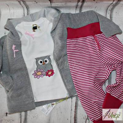 Baby-Kleidung - Hose - Shirt -Jacke - Hoody - Eulen - 3-teilig - Mädchen - pink - grau - weiß - Gr. 74/80