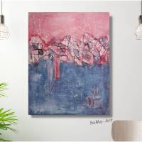 Acrylbild in Struktur und tiefen Rissen auf Leinwand, Blau und Rot, dekorative Malerei, Wandbild, Wohnraumdekoration Bild 1