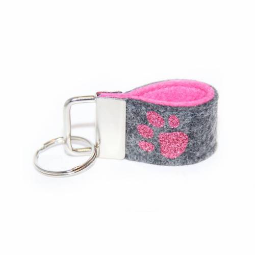 Mini Schlüsselanhänger Glitzer Pfote aus Wollfilz dunkelgrau / rosa