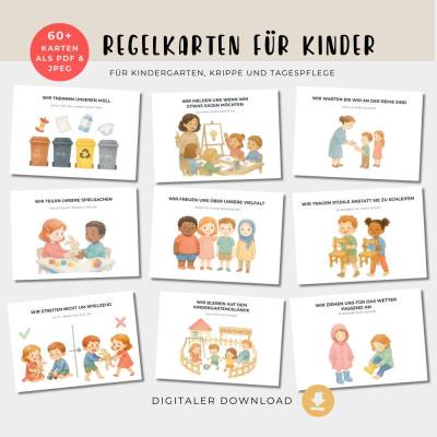 Regelkarten Kindergarten, Lernkarten Kinder, Kita Schule Zuhause, Regeln ausdrucken,  PDF- JPG-Format, digitale Vorlagen