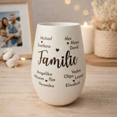 Personalisiertes Teelichtglas Familie – Graviertes Windlicht in Matt Weiß & Bronze mit Namen