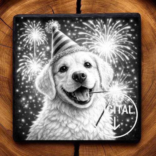Laserdatei Hund Silvester/Party – Gravurdatei PNG für Schiefer & Holz | Bildgravur