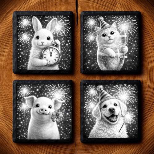 Laserdatei Bundle 5 Silvester Tiermotive – Gravurdatei PNG für Schiefer & Holz | Bildgravur